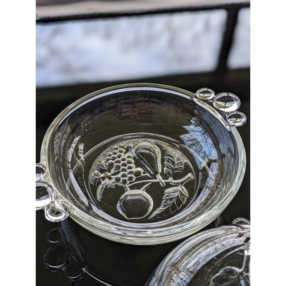 Vintage Clear Pressed Glass Berry/ Dessert Bowl Set Of Two Bottom Bubble Handles